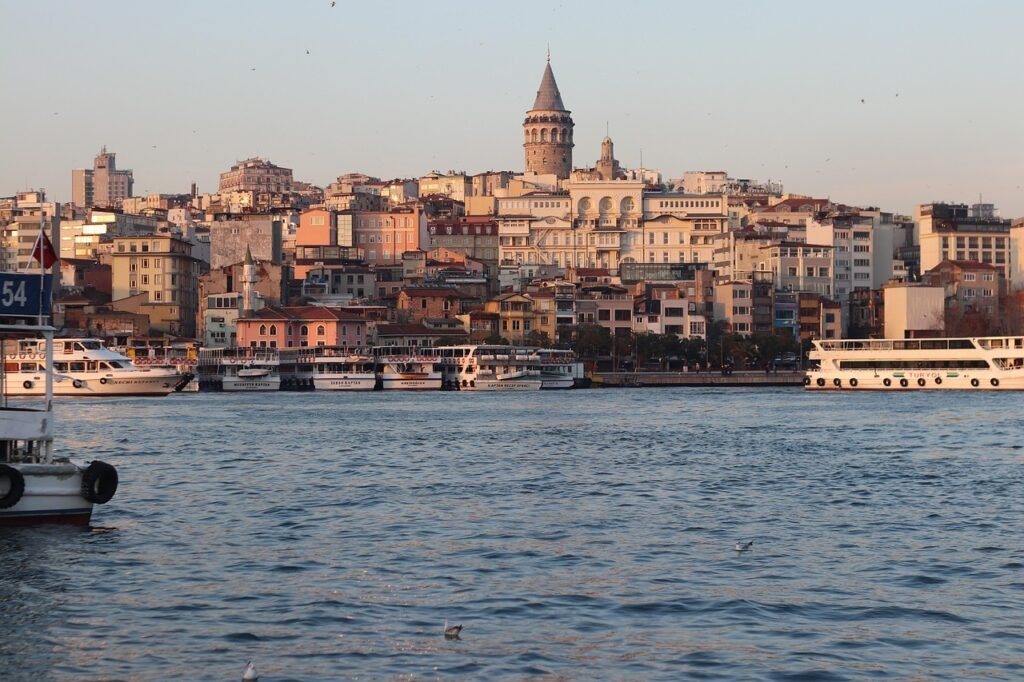 galata, istanbul, marine, tower, turkey, city, architecture, water, boats, view, nature, tourism
