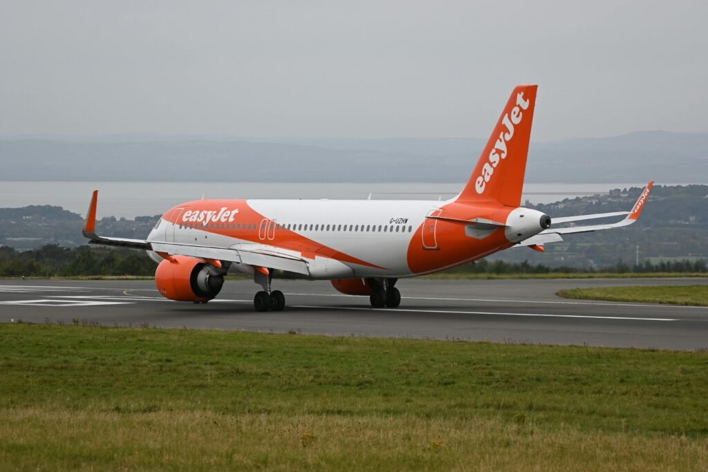 EasyJet Airbus A320neo preparing for takeoff on a cloudy day at Bristol Airport.